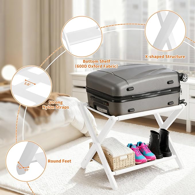 Heybly Luggage Rack, Folding Suitcase Stand with Storage Shelf, Heavy-Duty Luggage Holder for Guest Room Bedroom Hotel, Holds up to 165 lb, White, HLR010W1