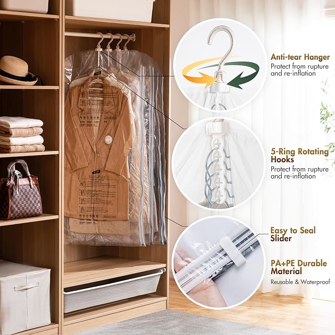 TAILI Hanging Vacuum Sealer Storage Space Saver Bags for Clothing,Travel, Suits and Jackets, Closet Organizers, 6 Pack Jumbo Clear