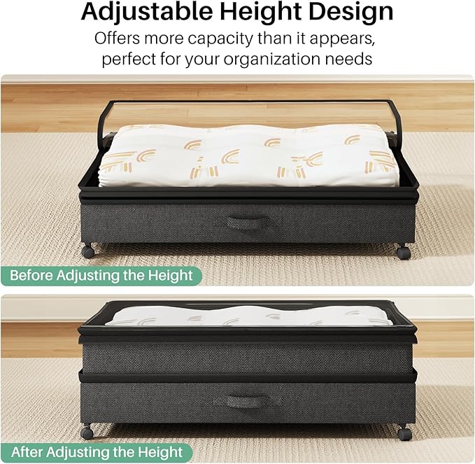 Kitstorack 4 Pack Height-adjustable Under Bed Storage with Wheels, Under Bed Storage Containers,Under Bed Shoe Storage Organizer with Clear Window&Label, Suitable for Clothes Storage, Black