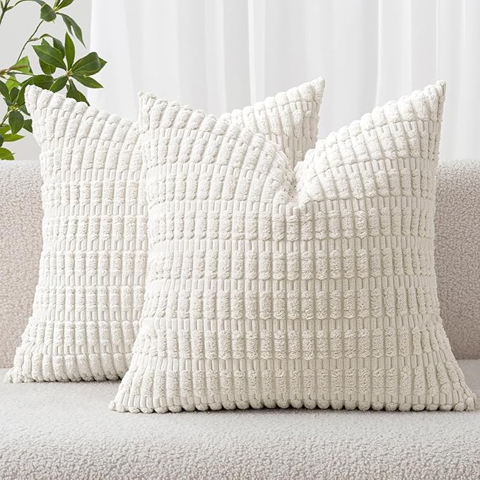 MIULEE Pack of 2 Corduroy Decorative Throw Pillow Covers 20x20 Inch Soft Boho Striped Pillow Covers Modern Farmhouse Home Decor for Sofa Living Room Couch Bed Pure White
