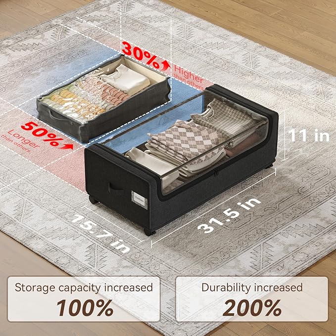 Under Bed Storage With Wheels, XXXXL Large Underbed Storage Organizer, 90L Capacity, for Shoes, Clothes, Blankets, Bedding