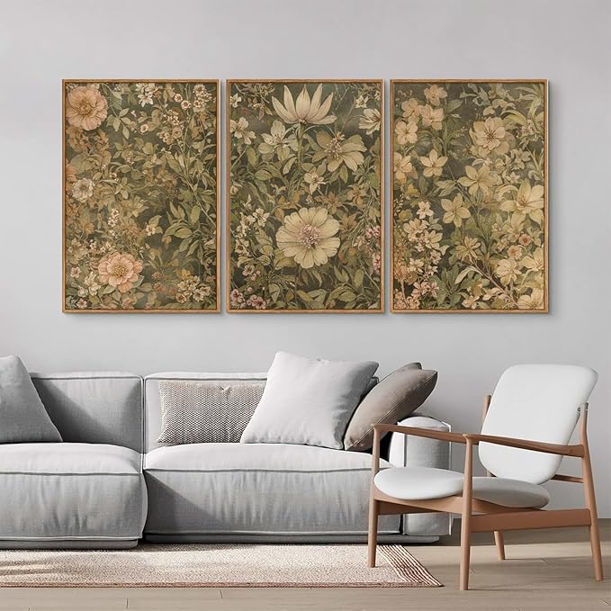 SIGNINART Vintage Floral Framed Canvas Wall Art Set of 3, Mid Century Modern Wildflower Wall Decor, Neutral Botanical Artwork, Retro Plant Art Prints for Bedroom, Living Room, Office 16"x24"