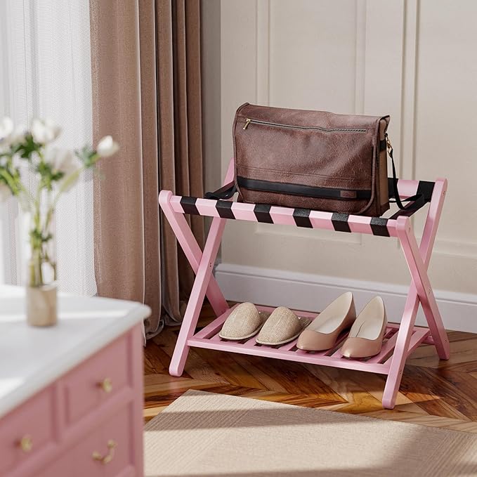SMIBUY Luggage Rack, Set of 2, Foldable Bamboo Suitcase Stand with Storage Shelf for Guest Room, Bedroom, Hotel, Heavy-Duty (Pink)