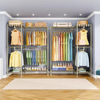 E15 Garment Rack L Shaped Clothes Rack for Corner，Freestanding Clothing Racks for Hanging Clothes，Heavy Duty Closet Organizer with 4 Hanging Rods & 8 S Hooks，43.4" W x 15.8" D x 78.4" H，Gold