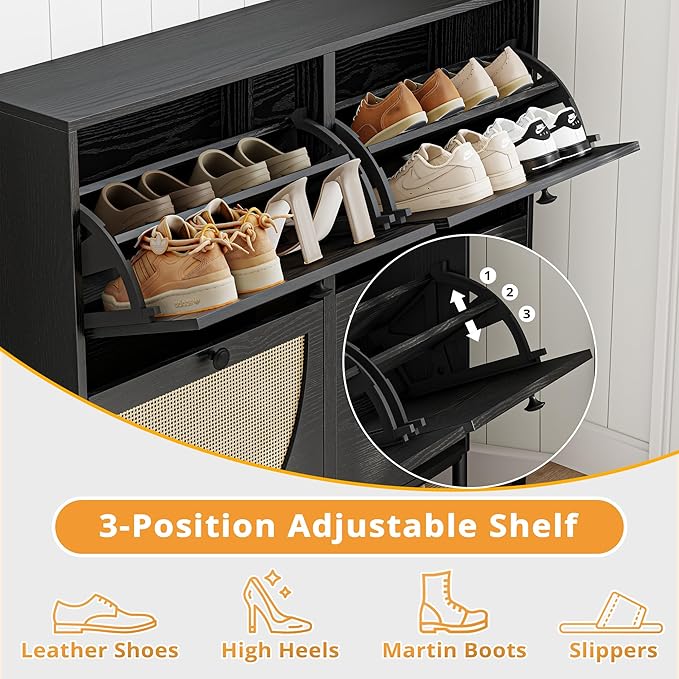 IRONCK Rattan Shoe Cabinet Storage with 4 Flip Drawers, Freestanding Shoe Storage Organizer Cabinet for Entryway, Narrow Shoe Rack Cabinet, Matte Black