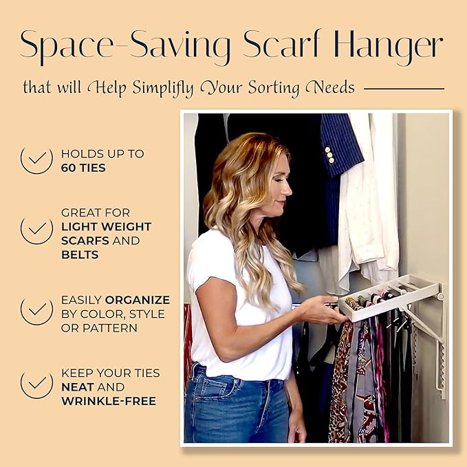 TieMaster Tie Rack and Scarf Organizer, Battery-Free Design, Holds 60 Ties and Scarves with 5 Belt Hooks, Easy Installation, Wall Mounted Tie Organizer, Luxury Gift for Men & Women