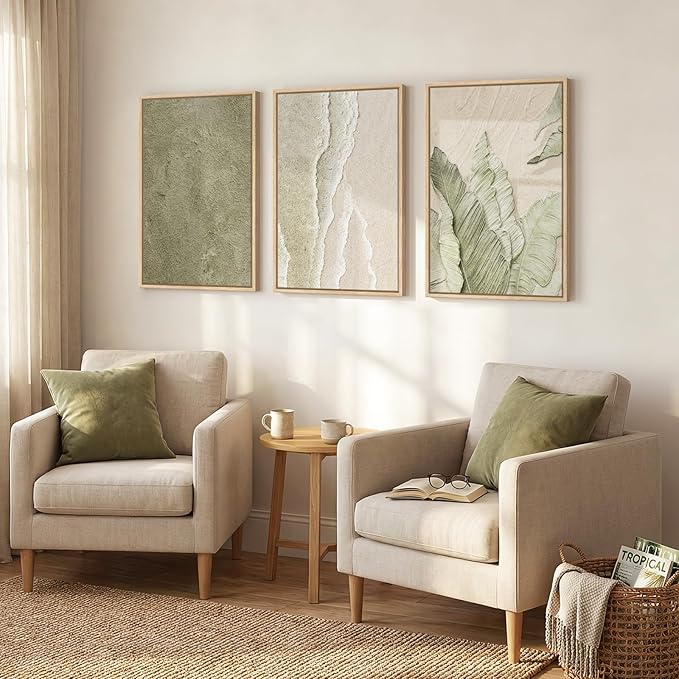 Framed Abstract Sage Green 3 Piece Wall Art for Living Room, Modern Neutral Waves Botanical Canvas Artwork for Walls, Minimalist Wabi Sabi Rustic Nature Print Wall Decor for Bedroom Office, 16x24 Inch