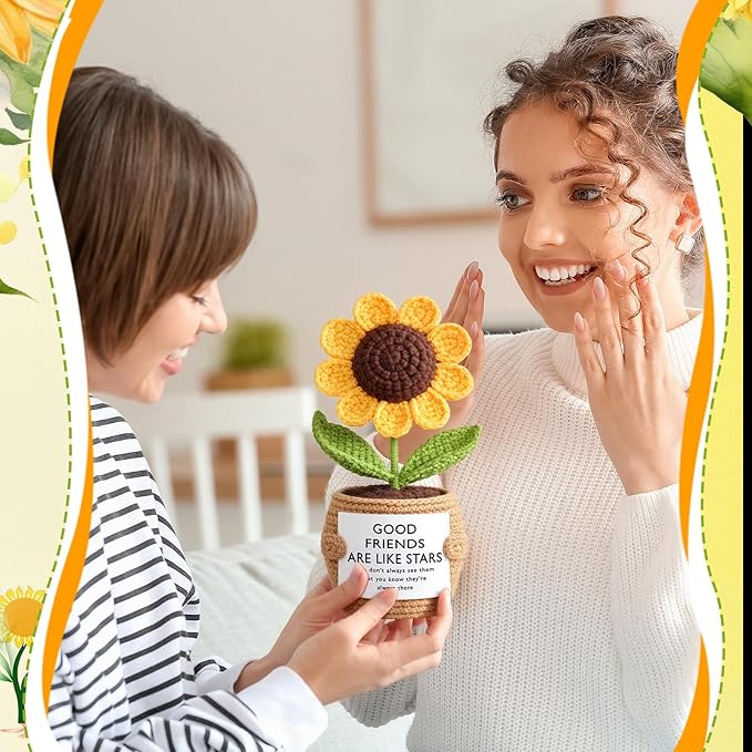 Wavwavw 1 Pcs Friends Gifts for Women, Galentines Graduation Handmade Sunflower Crochet Doll with Positive Card for Female Birthday BFF Bestie Gifts (Like Stars)