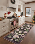 GarveeHome Plum Pink Floral Botanical 2x6 Washable Kitchen Runner Rugs Non Slip Black Purple Vintage Boho Cottage Long Rug for Hallways Bedroom Entryway Bathroom Mat with Rubber Back