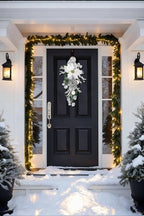 Silver Christmas Swag with Glitter Poinsettia, Pinecones, Ornaments and Mesh Ribbon 23.6" White and Silver Teardrop Swag for Christmas Decorations Artificial Wall Door Hanging Holiday Decor