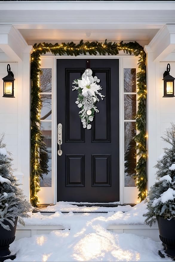 Silver Christmas Swag with Glitter Poinsettia, Pinecones, Ornaments and Mesh Ribbon 23.6" White and Silver Teardrop Swag for Christmas Decorations Artificial Wall Door Hanging Holiday Decor