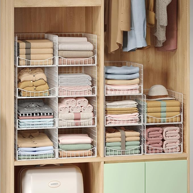 JKsmart 4-Tier Stackable Closet Organizer,Extra Large Clothes Storage Shelf,Clothing Cupboard Organizer System- Closet Wardrobe Storage Bins for Jeans, Pants, Sweaters,Purse,t-Shirt Organization