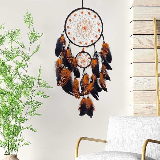 Orange and Black Dream Catcher Wall Decor Feather Dream Catchers with Luminous Bead Handmade Dreamcatcher Wall Hanging Ornament for Bedroom Living Room Home Decor