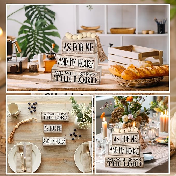 Yuntau 4 Pcs Farmhouse Christian Decor Farmhouse Bible Verse Tiered Tray Decor Rustic Retro Wood Bead Garland As for Me and My House We Will Serve The Lord Block Jesus Sign for Home Shelf Mantel