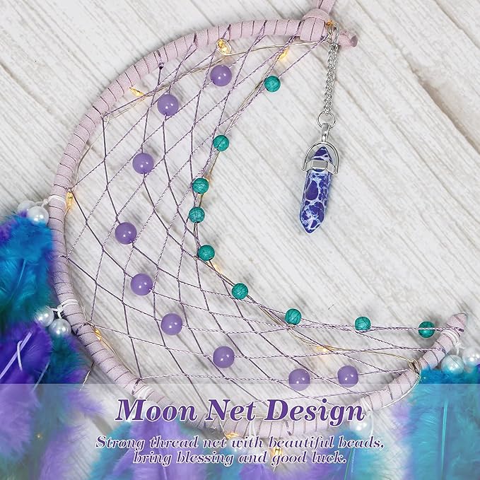Dremisland Moon Dream Catcher with Fairy Lights-Handmade Feather Lucky Turquoise Pendant Beads Wall Hanging Ornament for Kids Bedroom Home Decoration,Art Craft Gift. (Blue&Purple)