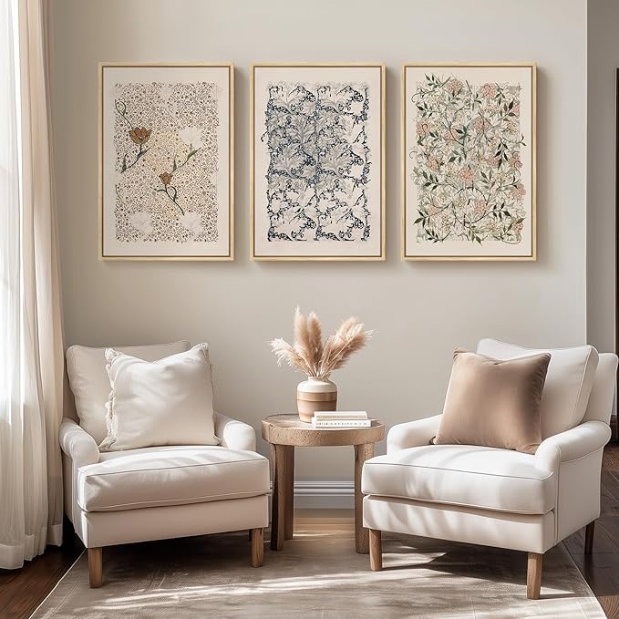 Framed William Morris Canvas Wall Art for Living Room, Set of 3 Large Neutral Floral Botanical Prints, Vintage Rustic Boho Pictures for Bedroom Hallway Office, 16x24 Inch