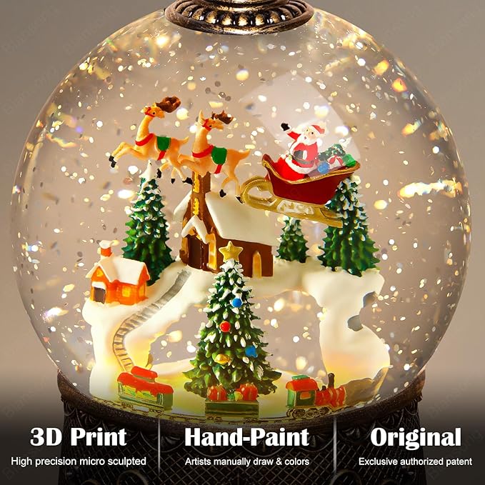 Snow Globe Christmas Decorations for Home Auto Snowfall Glitter Music Collection Santa Reindeer Train Snowy Village Scene with 6H Timer USB/Battery Powered 105mm Globe