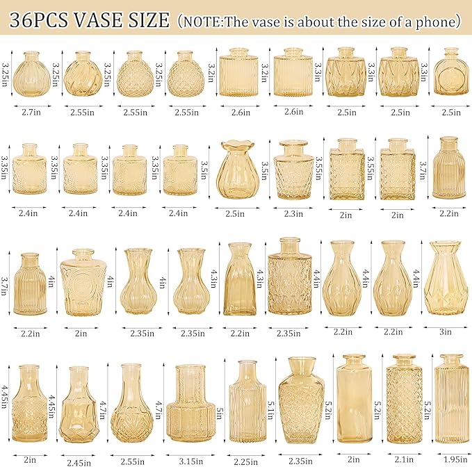 36Pcs Bud Vases Set Small Vintage Glass Bottles Bud Vases in Bulk Multiple Shape Cute Glass Vases for Rustic Wedding Centerpieces Table Decorations and Home Decor (Champagne)
