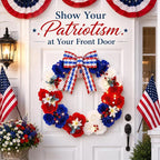 250th Anniversary Lighted Patriotic Wreath for Front Door 22 Inch 4th of July Artificial Red White and Blue Rose Wreath with Oversized Bow American Flag Wreaths for Memorial Day Independence Day Decor