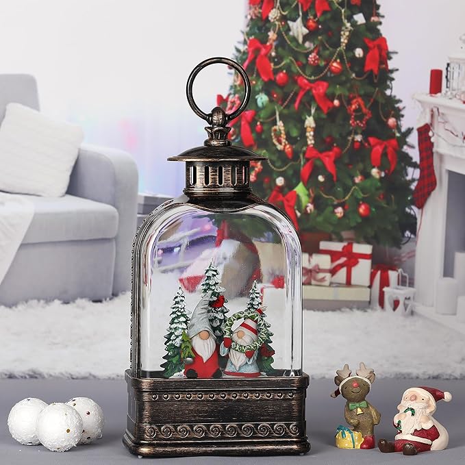 Christmas Snow Globe Decorations, Musical Glitter Gnome Lantern with 6H Timer, USB/Battery Powered Lighted Décor for Home, Tabletop, Gift Box