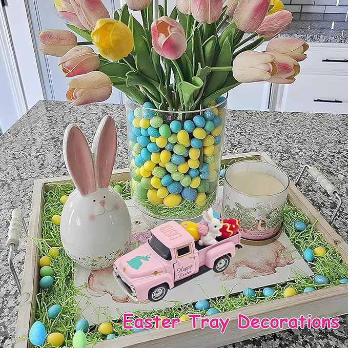 Pink Easter Decorations - Mini Farmhouse Vintage Metal Truck with Easter Eggs & Bunny, Pink Spring Farm-Style Pickup Decor for Table Tiered Tray Home Kitchen Office Keepsake Gifts