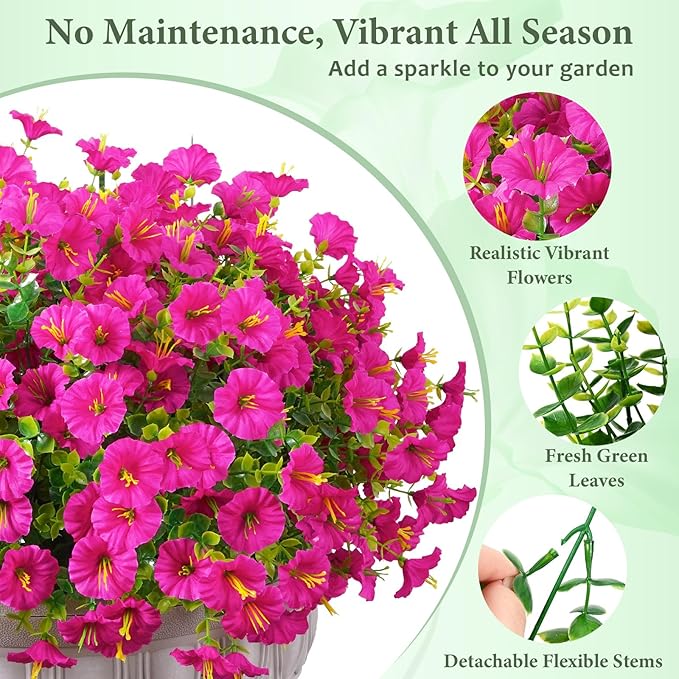 MARTINE MALL 24 Bundles Look Real Artificial Flowers for Outdoors, Realistic Fake Outdoor Flowers, UV Resistant Silk Petunia Flowers for Outside Faux Flowers Plants for Outdoor Porch, Fuchsia