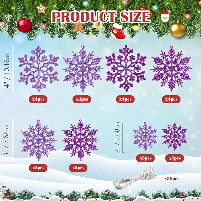 36pcs Purple Christmas Snowflake Ornaments, Plastic Glitter Hanging Snow Flakes for Christmas Tree Decorations Winter Wonderland Frozen Birthday Party Home Decor Craft Snowflakes