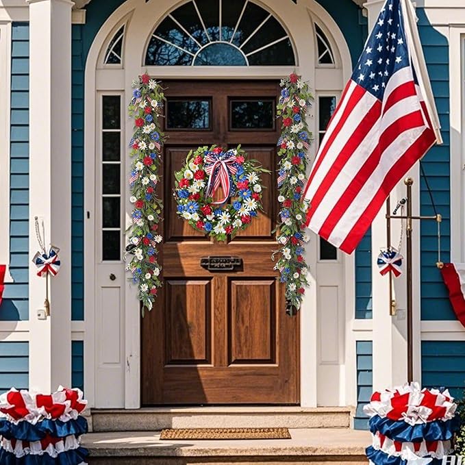 5.9Ft Artificial 4th of July Garland Wreath -Patriotic Garland with Red, White & Blue Daisies, Green Leaves, Berries & Flag Bow for Wall Table Independence Day Memorial Day Indoor/Outdoor