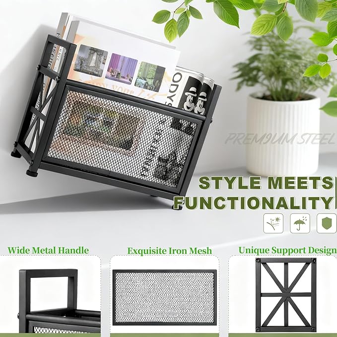 Magazine Rack Floor, Black Magazine Holder, Magazine Storage Basket, File Holder Organizer Stand, Metal Storage Shelf Box Bin Folder Organizer for Magazines, Books, Newspapers