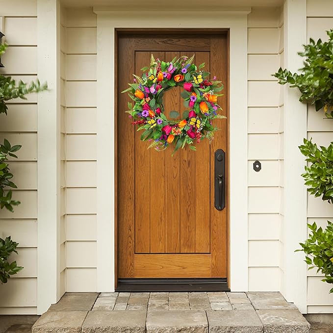 Sggvecsy Spring Summer Wreath for Front Door 22 Inch Artificial Tulips Wreath with Eucalyptus Leaves Lavender Ferns Colorful Silk Flowers Butterflies for Home Farmhouse Indoor Outdoor Wall Decor