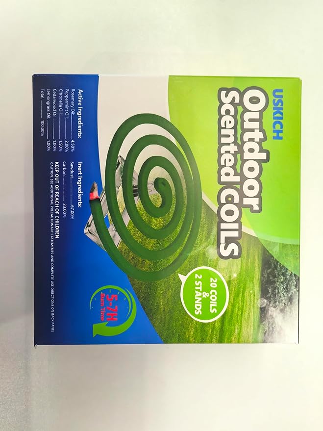 Natural Essential Oil Scented Coils for Outdoor Use, Fresh Aroma, Burns 5-7 Hours, 20 Coils & 2 Stands for Patio Backyard