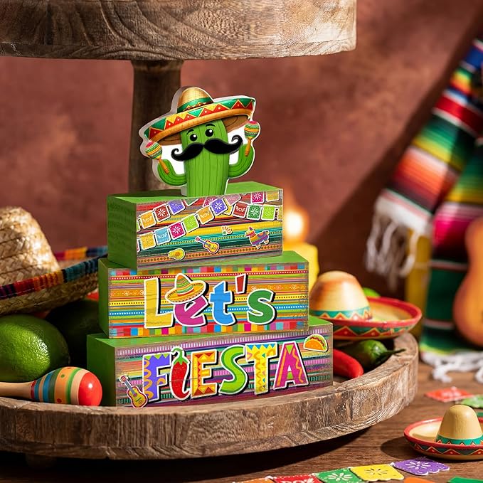 Yuntau 4 Pcs Mexican Fiesta Party Decorations Wooden Cinco De Mayo Tabletop Decor Lets Fiesta Tiered Tray Decor Rustic Wood Block Sign Gift Farmhouse Mexican Centerpieces Portable Shelf Home Office