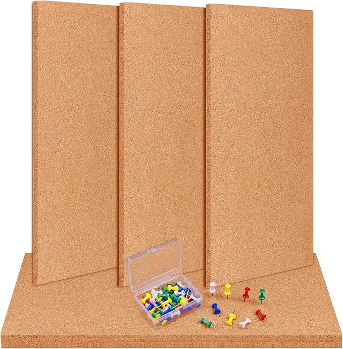 TUPARKA 6 Pack Cork Board Bulletin Boards 17"x8" - 1/4" Self-Adhesive Corkboards for Wall With 100 Push Pins, Square Cork Tiles for Home, School, Office Decorative