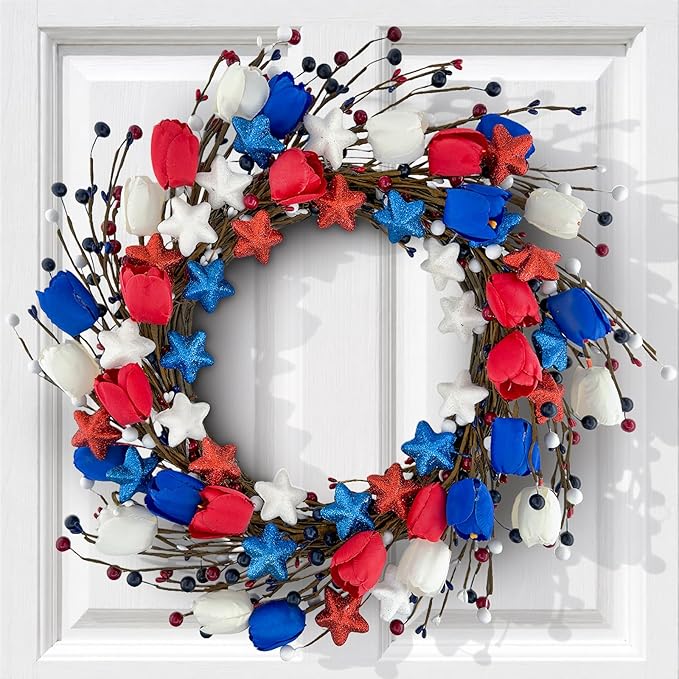 21" Patriotic Wreath for Front Door 4th of July Wreaths with Red White Blue Tulip Flowers&Berry for 250th Anniversary USA Memorial Day, Independence Day Home Porch Wall Outdoor Farmhouse Decoration