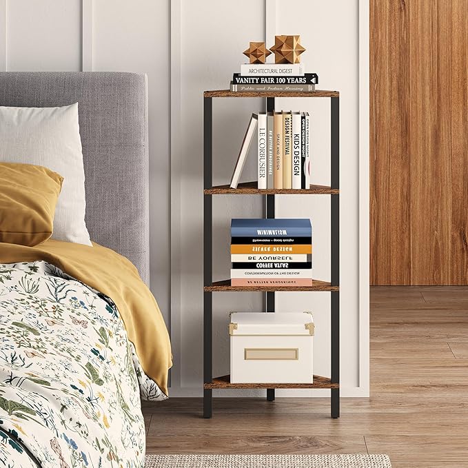 TUTOTAK Corner Shelf, 4-Tier Corner Bookshelf for Small Space, Narrow Display Corner Shelf Stand with Storage Rack, for Living Room, Bedroom, Rustic Brown BS05BB004