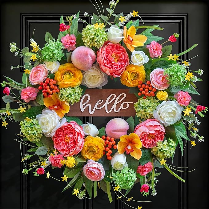 Spring Wreath for Front Door, 24 Inch Artificial Spring and Summer Wreath with Peony, Rose, Orchid, Hydrangea and Gardenia Flowers, Peach, Berries and Hello Wooden Sign, Decor for Indoor Outdoor