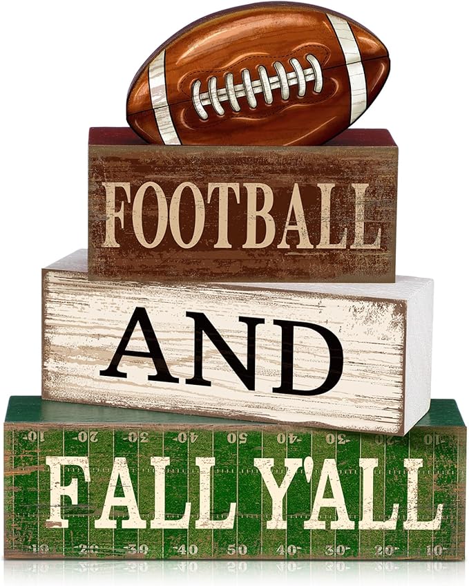 Lineshading 4 Pcs Football Table Decorations Football & Fall Wooden Stacked Block Decor Sport Game Centerpiece Decorative Rugby Block Gift for Fans Club Tailgate Birthday Party Shelf Fireplace Decor
