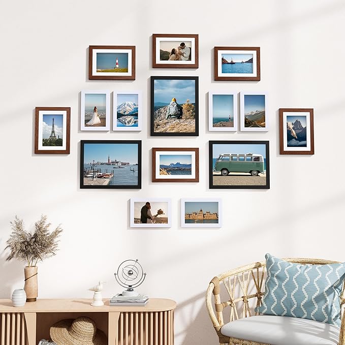 Vittanly 15 Pack Picture Frames Collage Wall Decor, Multi Sizes Including 3pcs 8x10, 6pcs 5x7 and 6pcs 4x6 Photo Frames, Gallery Frame Set for Wall or Tabletop Display, Black, Walnut Brown and White