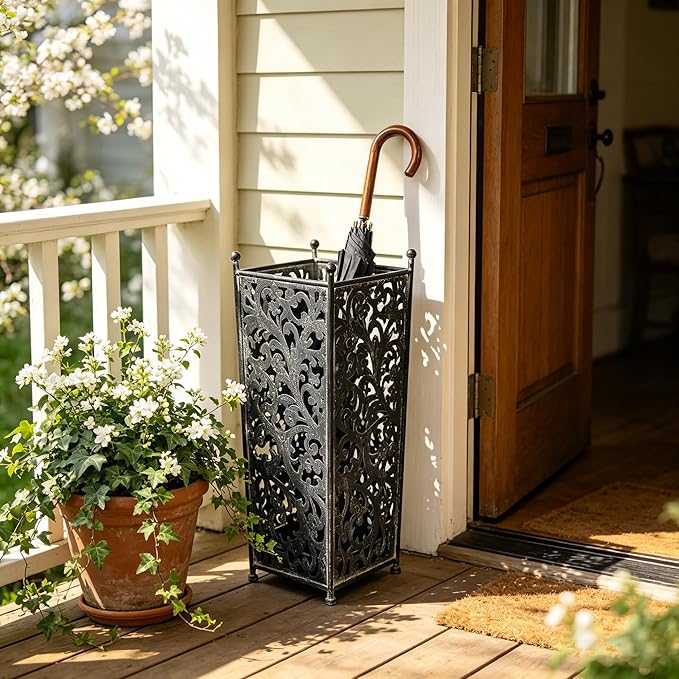 Vintage Metal Distressed Black Umbrella Holder 20"H Square Umbrella Stands with Removable Drip Tray Entryway Organizer Bucket for Foyer/Porch - Holds Multiple Umbrellas, Walking Sticks & Canes