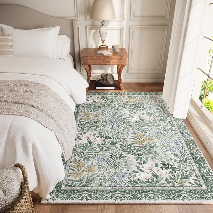 Botanical Floral Area Rug 4x6 Light Green Cream Vintage Garden Design, Perfect for Living Room, Bedroom, Kids Room, Nursery - Stain & Water Resistant Non-Slip, Pet & Child Friendly Area Rugs