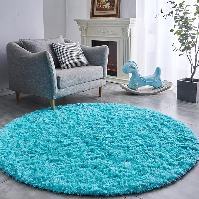 FJZFING Blue Round Rug Ultra-Soft Plush Modern 7x7 Circle Area Rug for Kid's Bedroom, Fluffy Shag Circular Rug for Nursery Room, Non-Slip Home Decor Cute Blue Carpet for Teen's Room