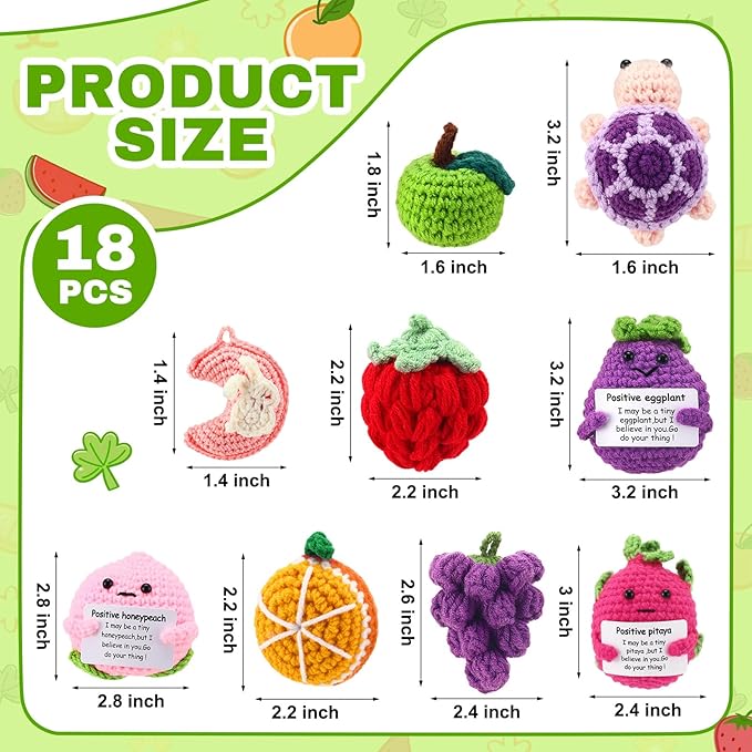 VioraWhite 18 Pcs Fruit Animals Positive Emotional Dolls Bulk Encouragement Emotional Knitted Crochet Gifts with Positive Words for Friends Coworker Decorations for Home Office