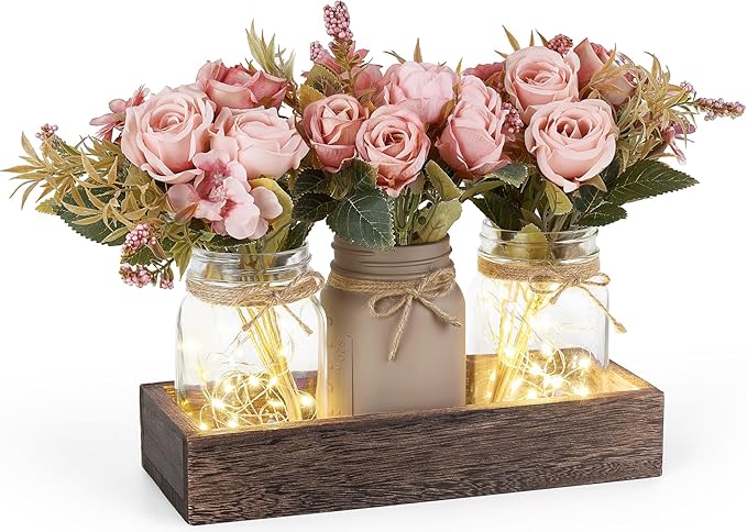 Mkono Mason Jar Lights Centerpiece Table Decor for Dining Room Farmhouse Wood Tray with 3 Jars Flowers Valentines Day Decoration for Coffee Table Kitchen Living Room Wedding