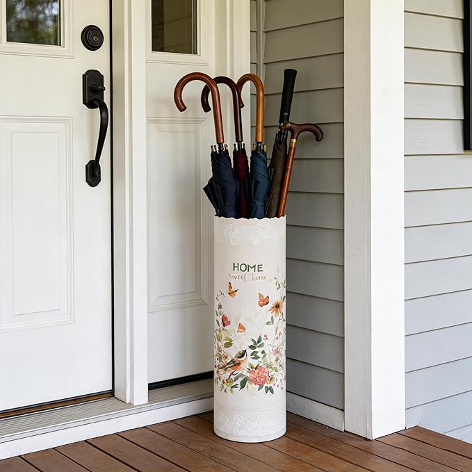 Vintage Metal Round Umbrella Holder Decorative Flower Design Umbrella Stands Entryway Organizer Bucket for Home/Office/Farmhouse - Holds Multiple Umbrellas, Walking Sticks & Canes Flower Pink
