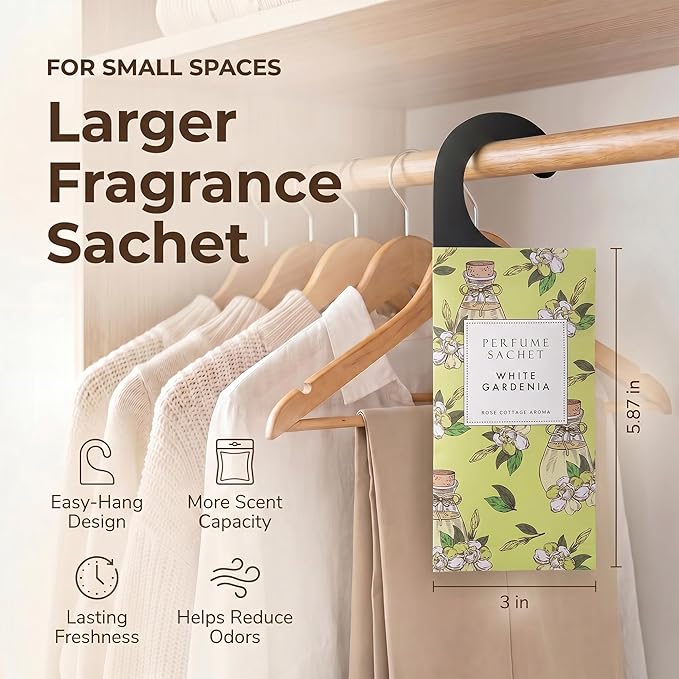 ROSE COTTAGE Large 12 Packs White Gardenia Hanging Closet Deodorizer Air Freshener Long Lasting Scented Sachets Smell Goods for House