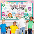 Spring Never Stop Growing Bulletin Board Classroom Decoration Grow Flower Cutouts Positive Paper Cutouts for Teacher Back to School Office Home Chalkboard Spring Inspirational Door Wall Decor Supplies