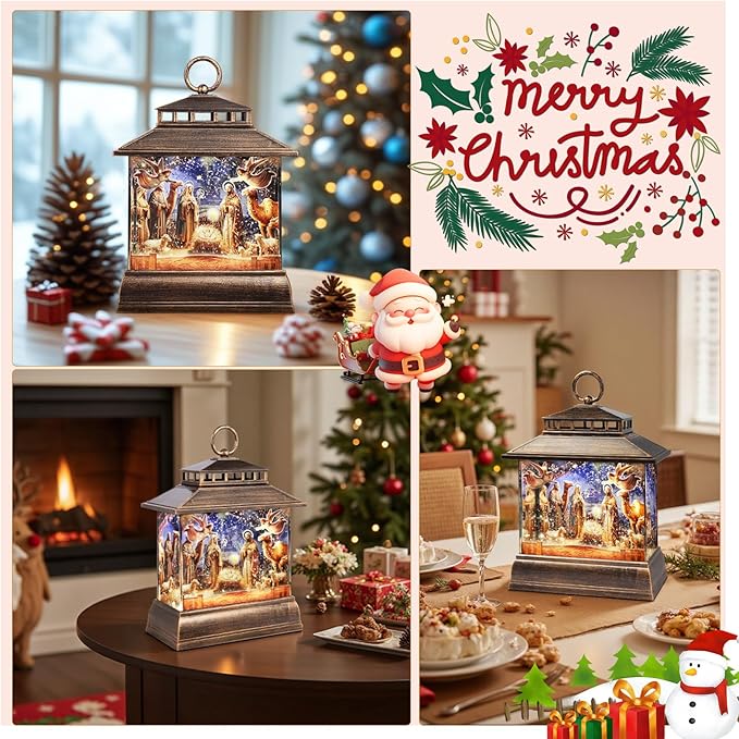 Christmas Snow Globe Lantern Water Glittering Lantern with 8 Songs & 6H Timer Romote Control Christmas Snow Globes USB & Battery Operated for Christmas Festival Decorations Gifts (Nativity)