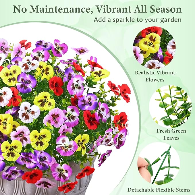 MARTINE MALL 12 Bundles Look Real Artificial Flowers for Outdoors, Realistic Fake Outdoor Flowers, UV Resistant Silk Pansy Flowers for Outside Faux Flowers Plants for Outdoor Porch, Four Mix Colors