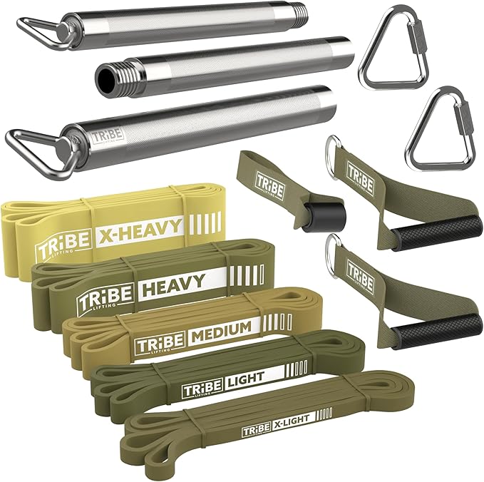 Tribe Lifting Resistance Bands for Working Out Men and Women - Set of 5 Pull Up Bands for Strength Training, Exercise Bands with Handles, Door Anchor and Bar Options for Home Gym