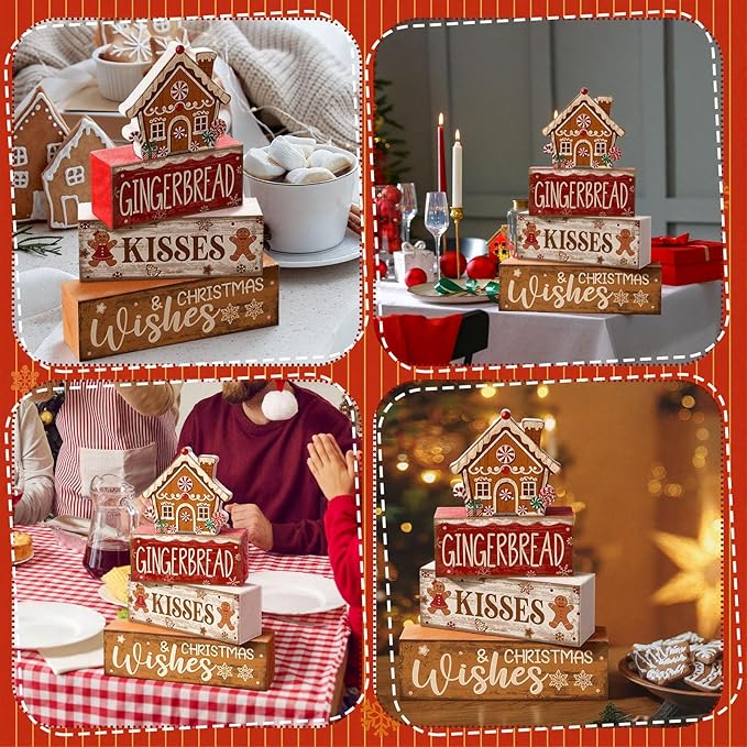 Moucuny 4 Pcs Christmas Table Decoration Gingerbread House Wooden Stacked Block Decor Gingerbread Centerpiece Block Signs Rustic Christmas Tiered Tray Decoration for Home Kitchen Coffee Bar